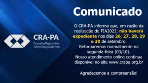 Read more about the article Aviso: Recesso no CRA-PA nos dias 26, 27, 28, 29 e 30 de setembro de 2022.