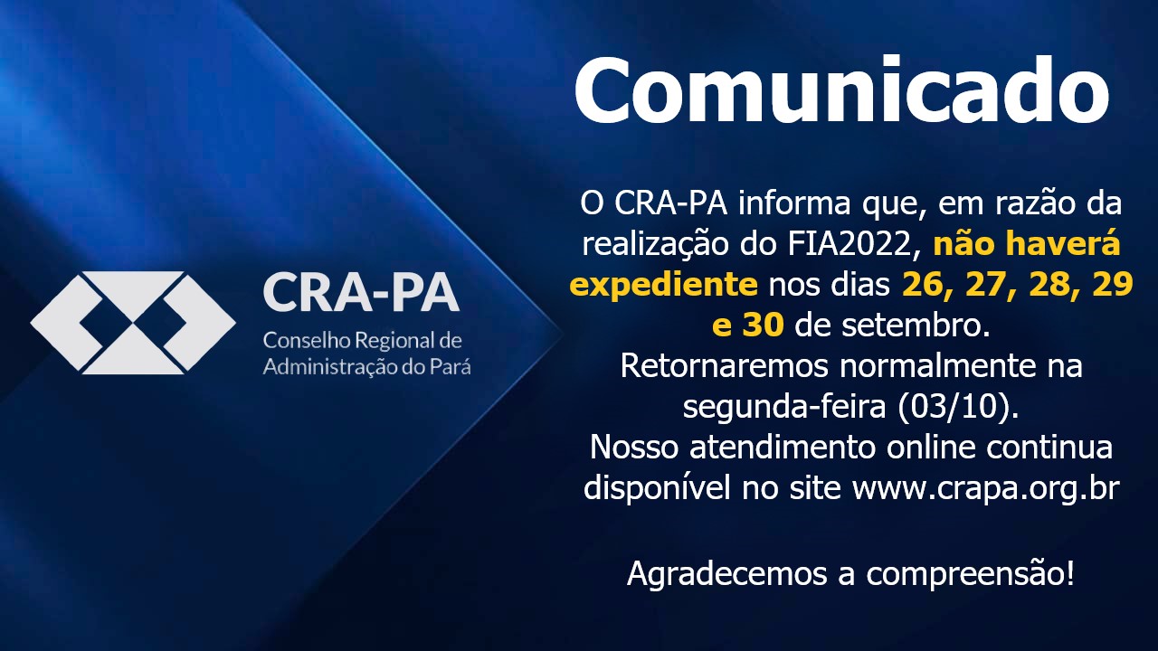 Read more about the article Aviso: Recesso no CRA-PA nos dias 26, 27, 28, 29 e 30 de setembro de 2022.