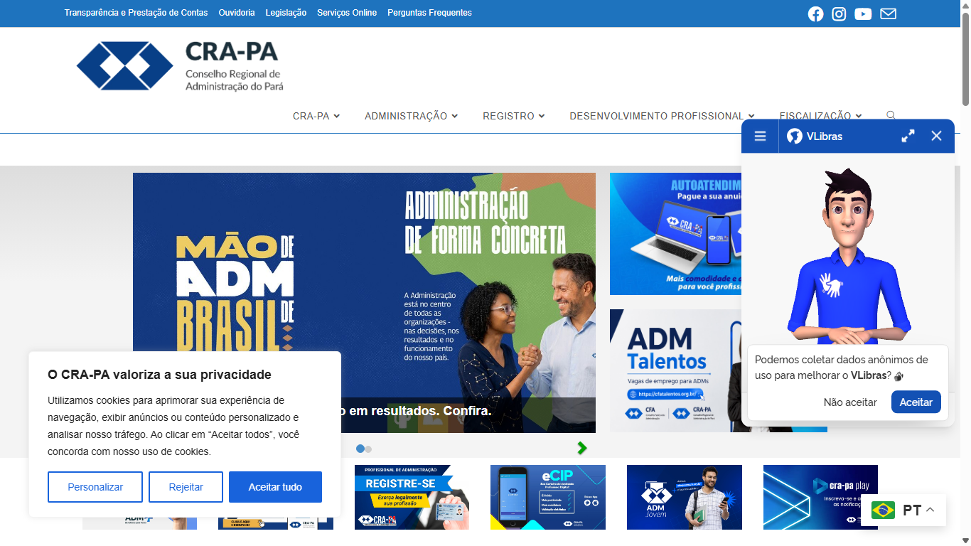 Portal do CRA-PA com acessibilidade em Libras