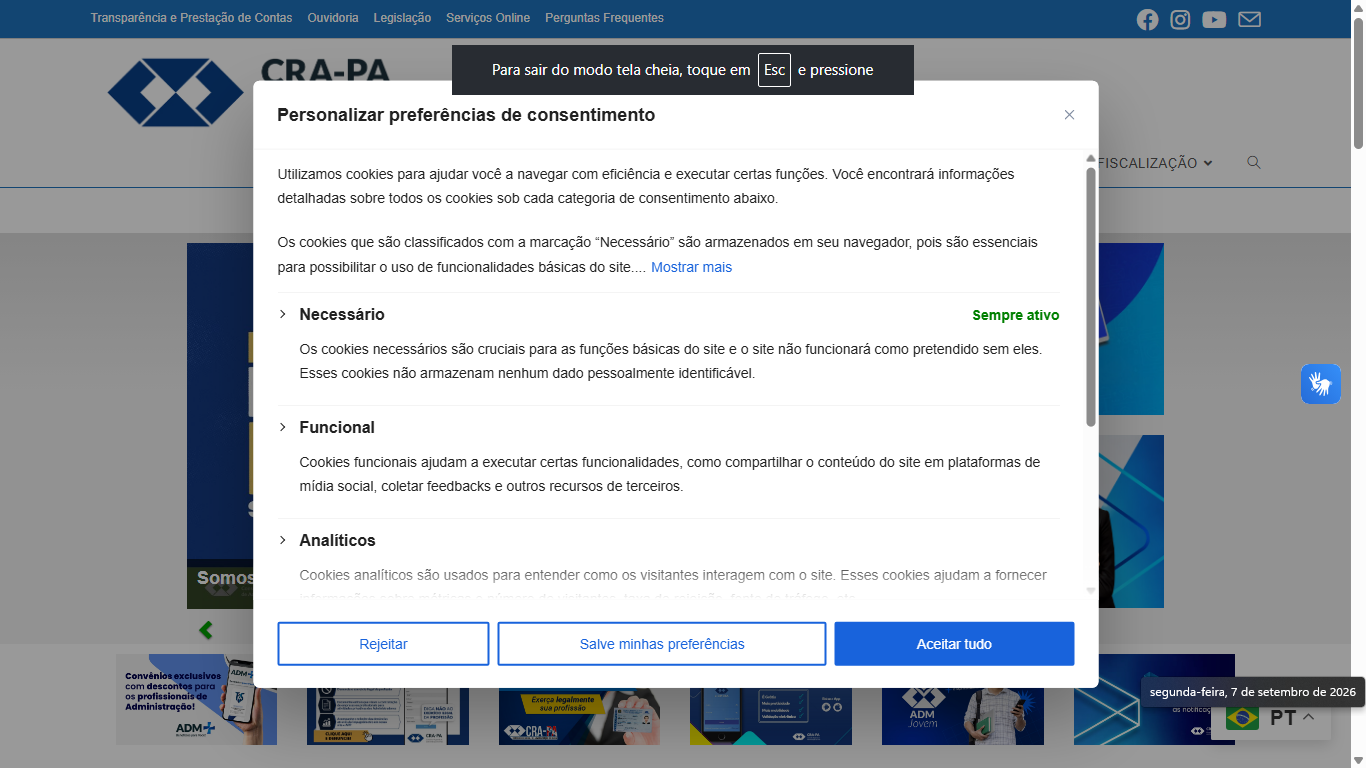 Adequação de cookies e privacidade LGPD no portal CRA-PA