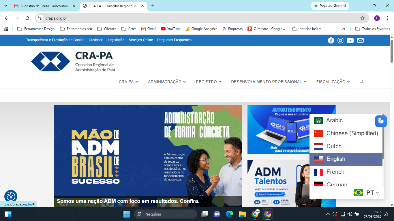 Portal multilíngue do Conselho Regional de Administração do Pará